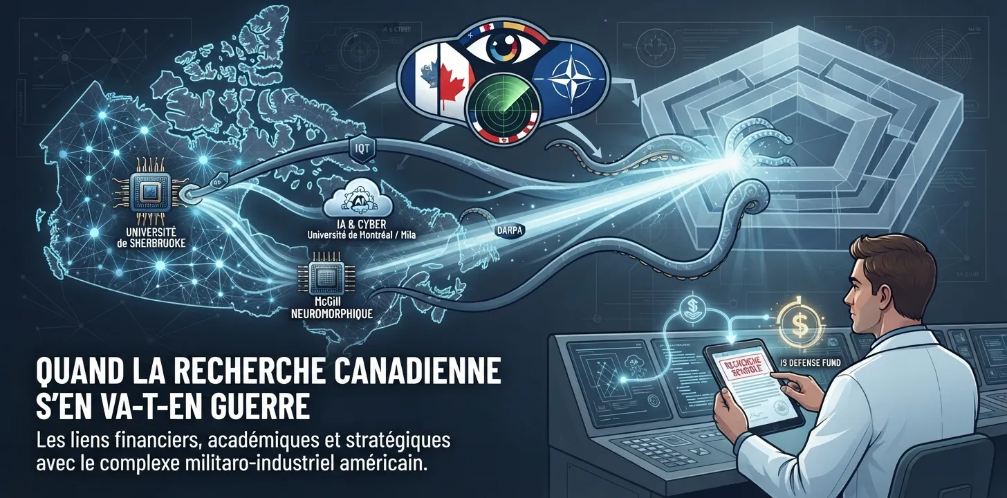 Infographie illustrant les liens financiers et stratégiques entre les universités du Québec et le complexe militaro-industriel américain.